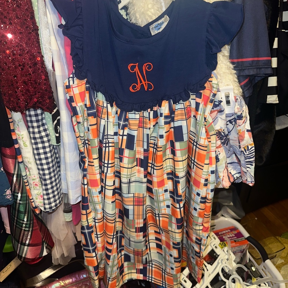 Navy and Orange Plaid Kids Dress